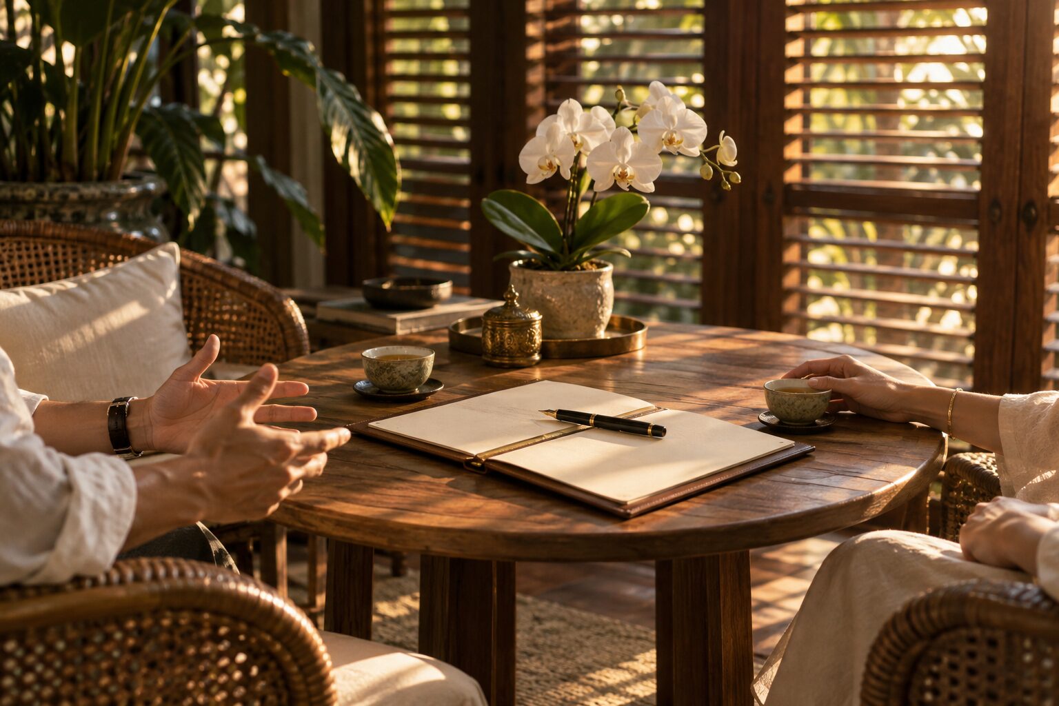 A quiet consultation table with two chairs