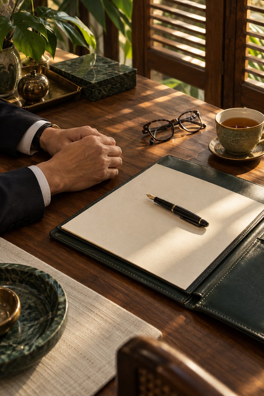 A fountain pen resting on documents on a teak desk